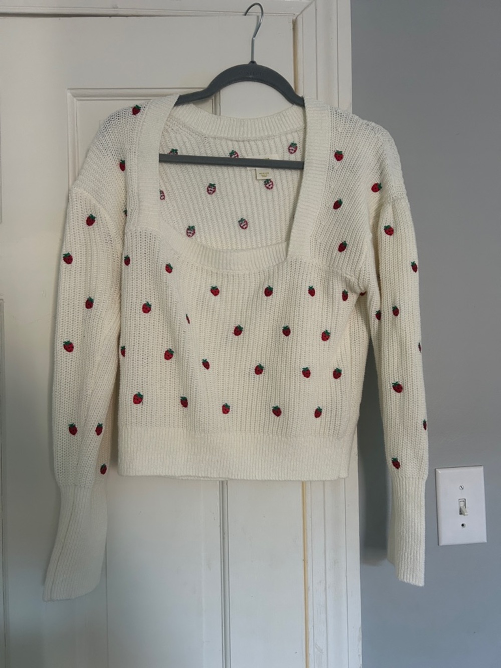 Anthropologie Cream Scoop-Neck Sweater with Red Strawberry Embroidery